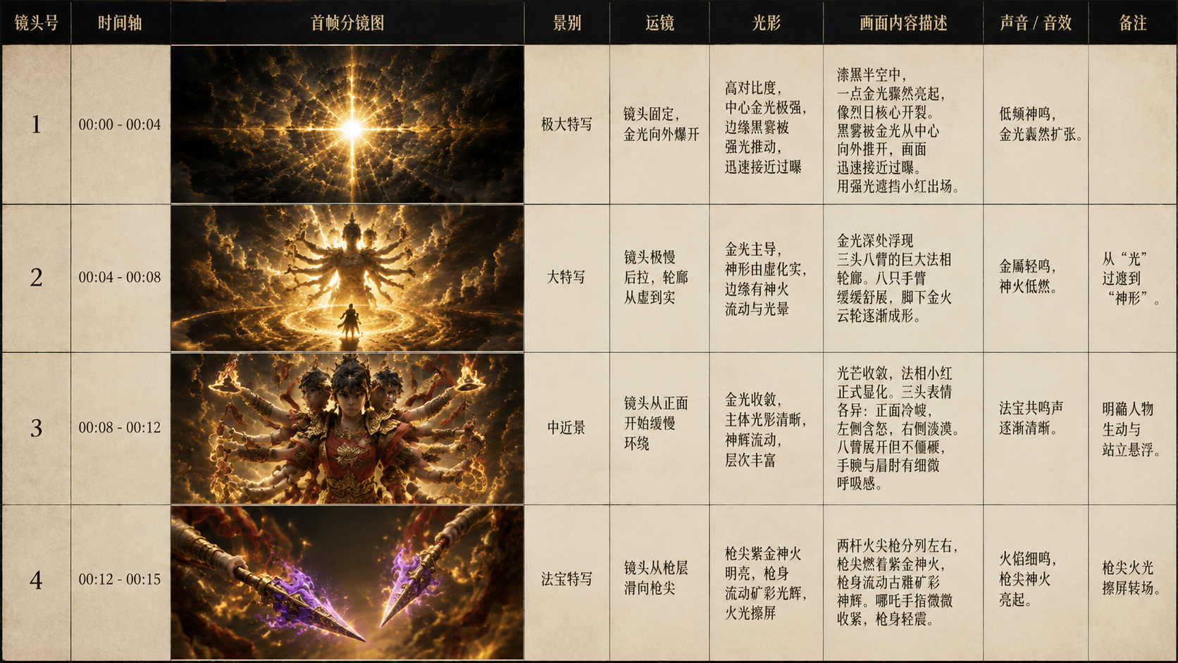电影级东方神话：三头八臂法相显化分镜脚本