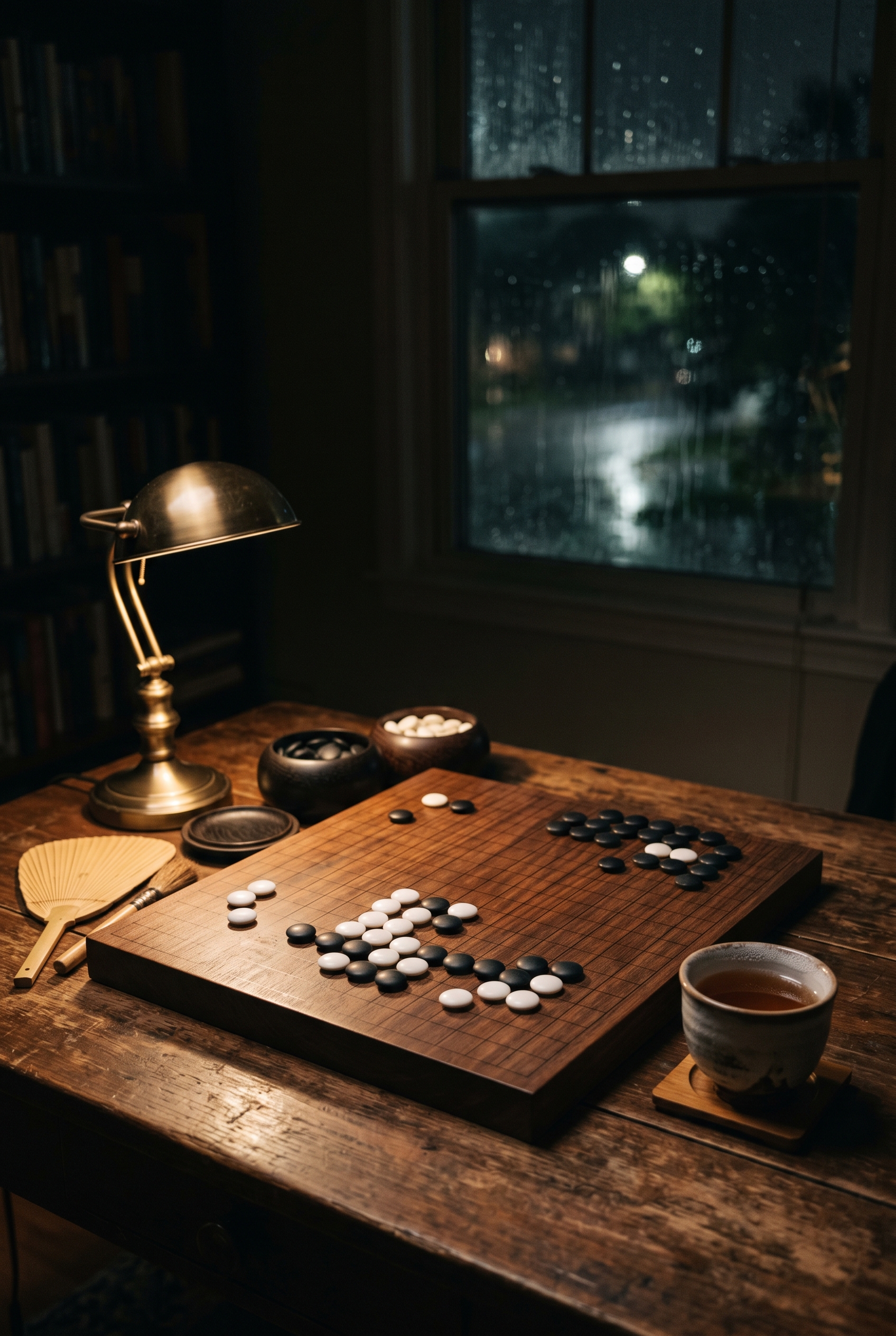 深夜木桌上的围棋残局，黑白棋子散落，旁边一杯已经…