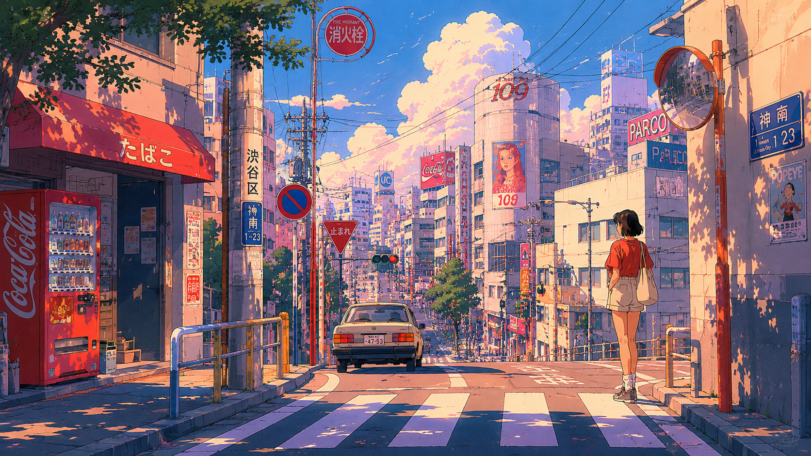 日本东京某个街道，复古日漫现代无框赛璐璐风格