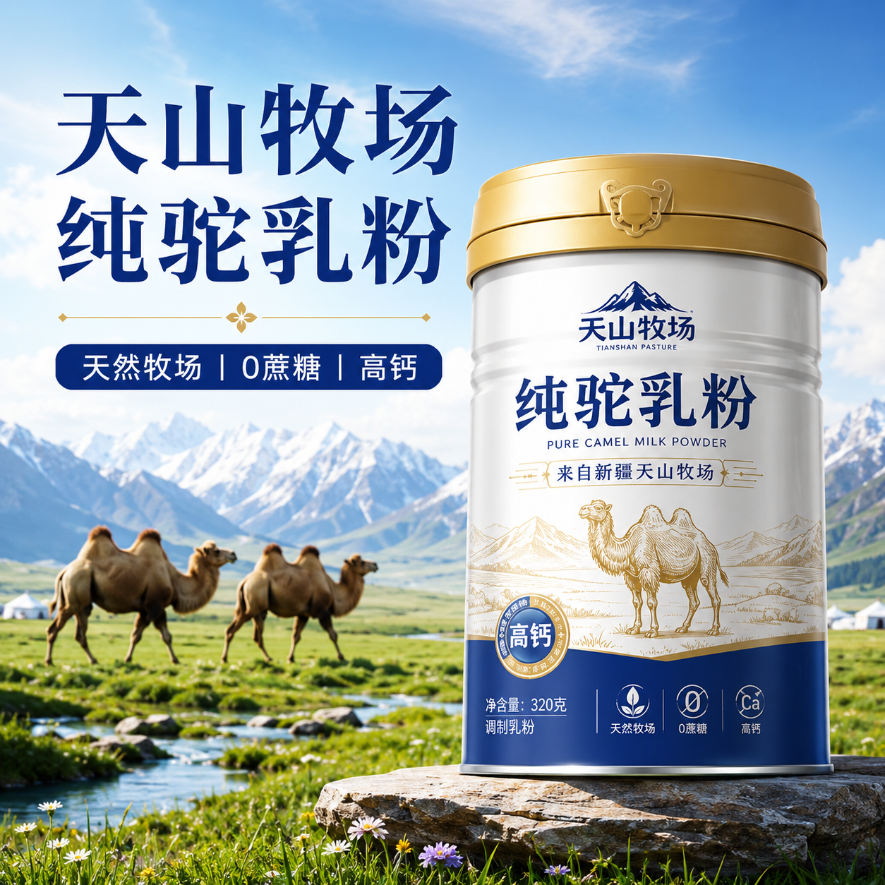 ●产品主体：一罐或一袋印有“天山牧场”字样的驼奶…