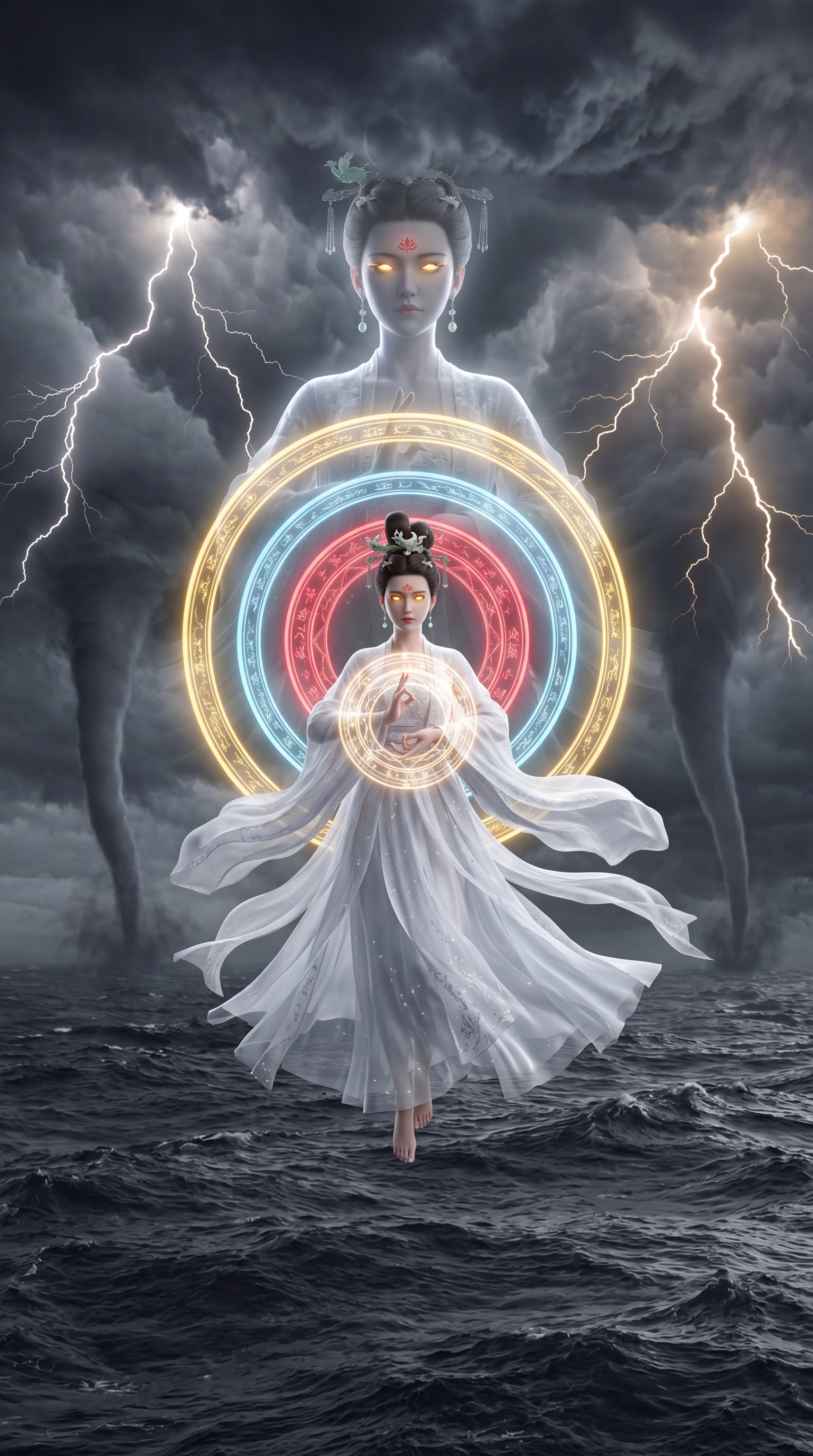 3D渲染，一个美女仙子穿着白色飘逸流沙裙（纱质裙…