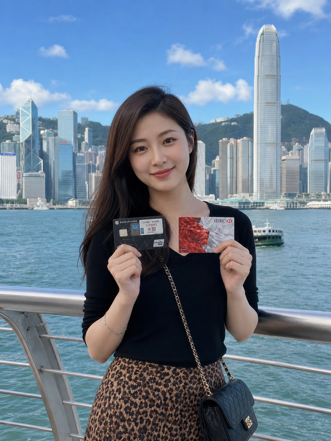手里拿着这两张港卡 一张汇丰的一张中银的 背景是…