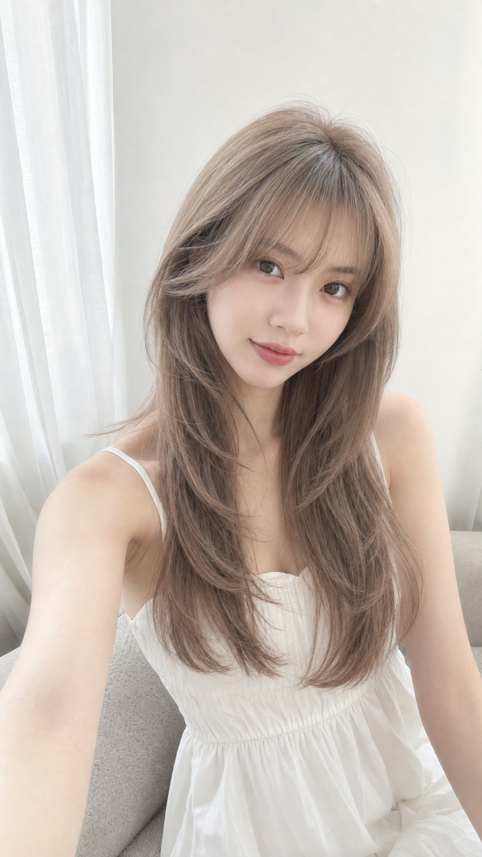 生成一张小红书风格的亚洲女性发型自拍照，年轻亚洲…