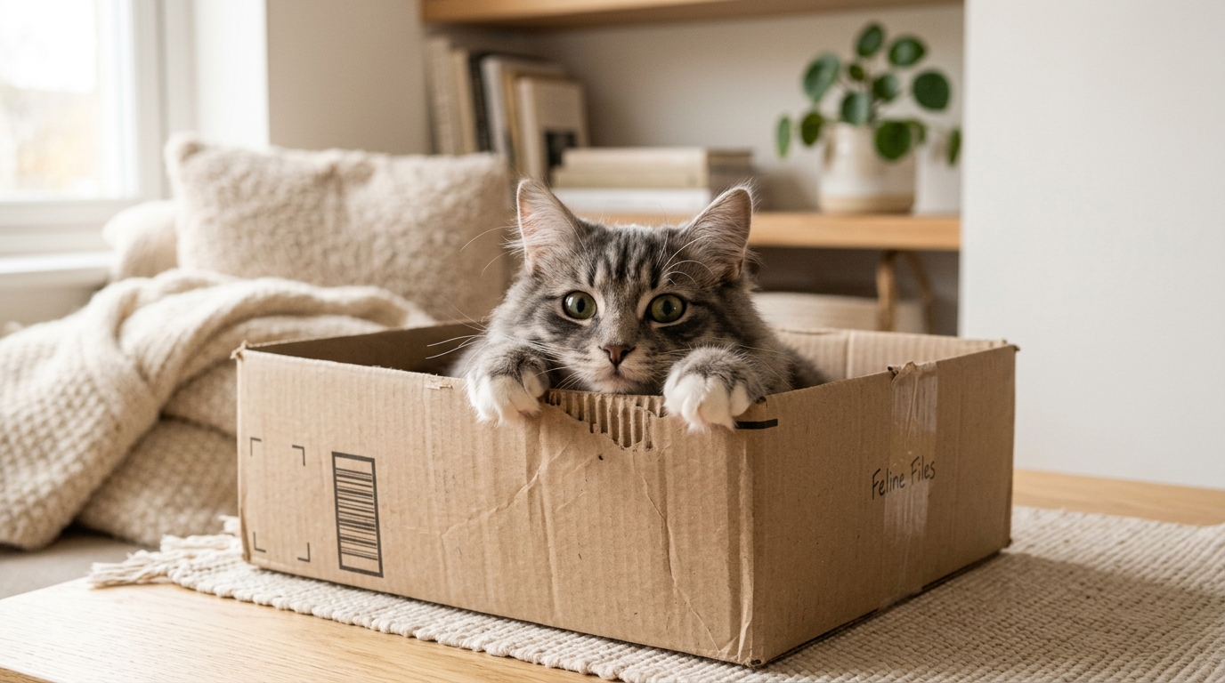 Cat peeking out of cardboard box - cat box obsession