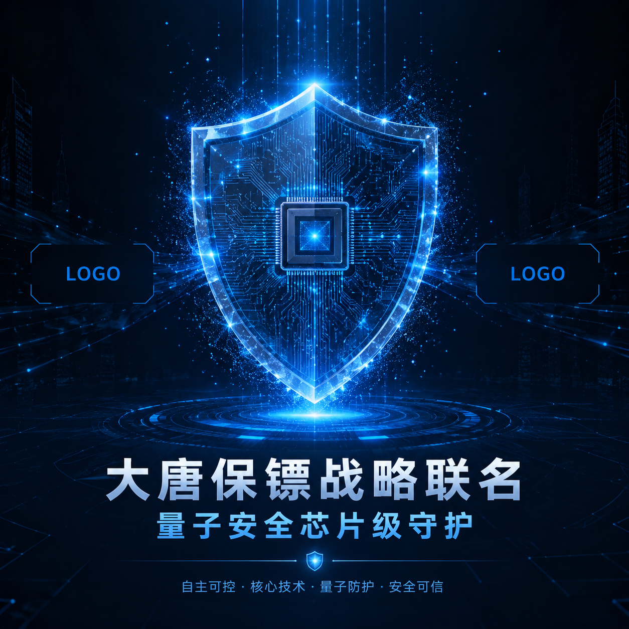 商业广告大片，深蓝色量子科技背景，画面中央是一个…