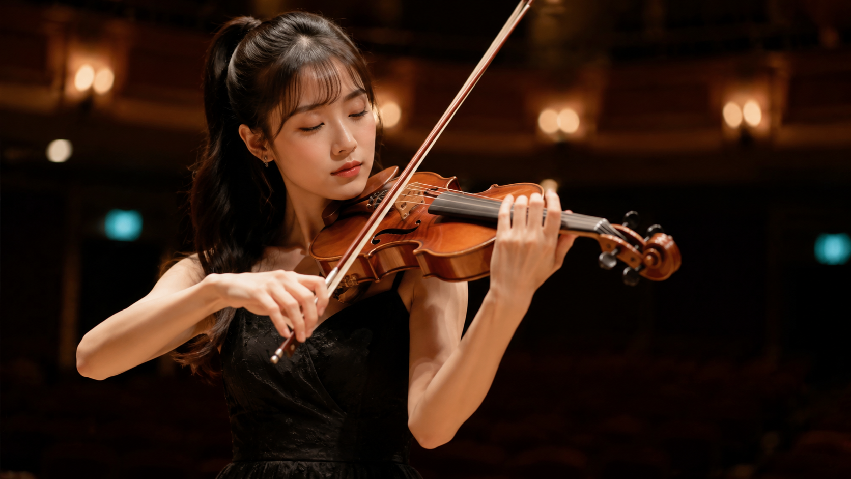 设计一张日本年轻美女小提琴家在剧场演奏时拍摄的照…