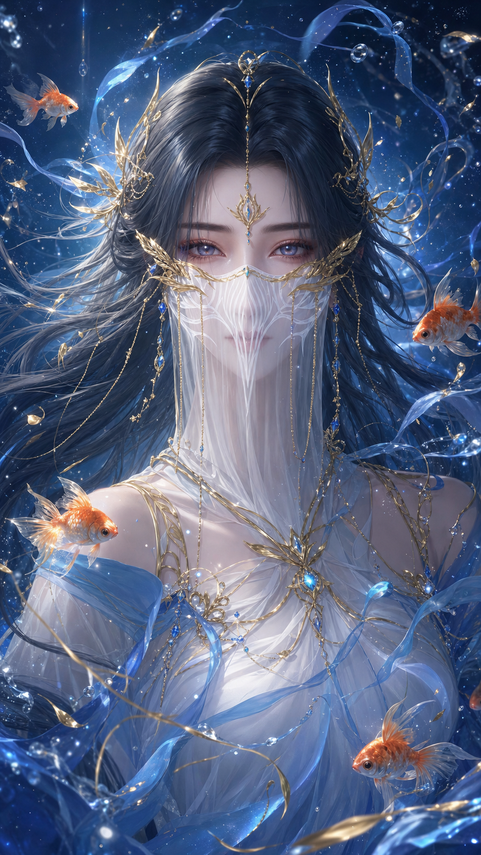 这是一幅以东方幻想风格为主题的插画，配色以蓝白为…