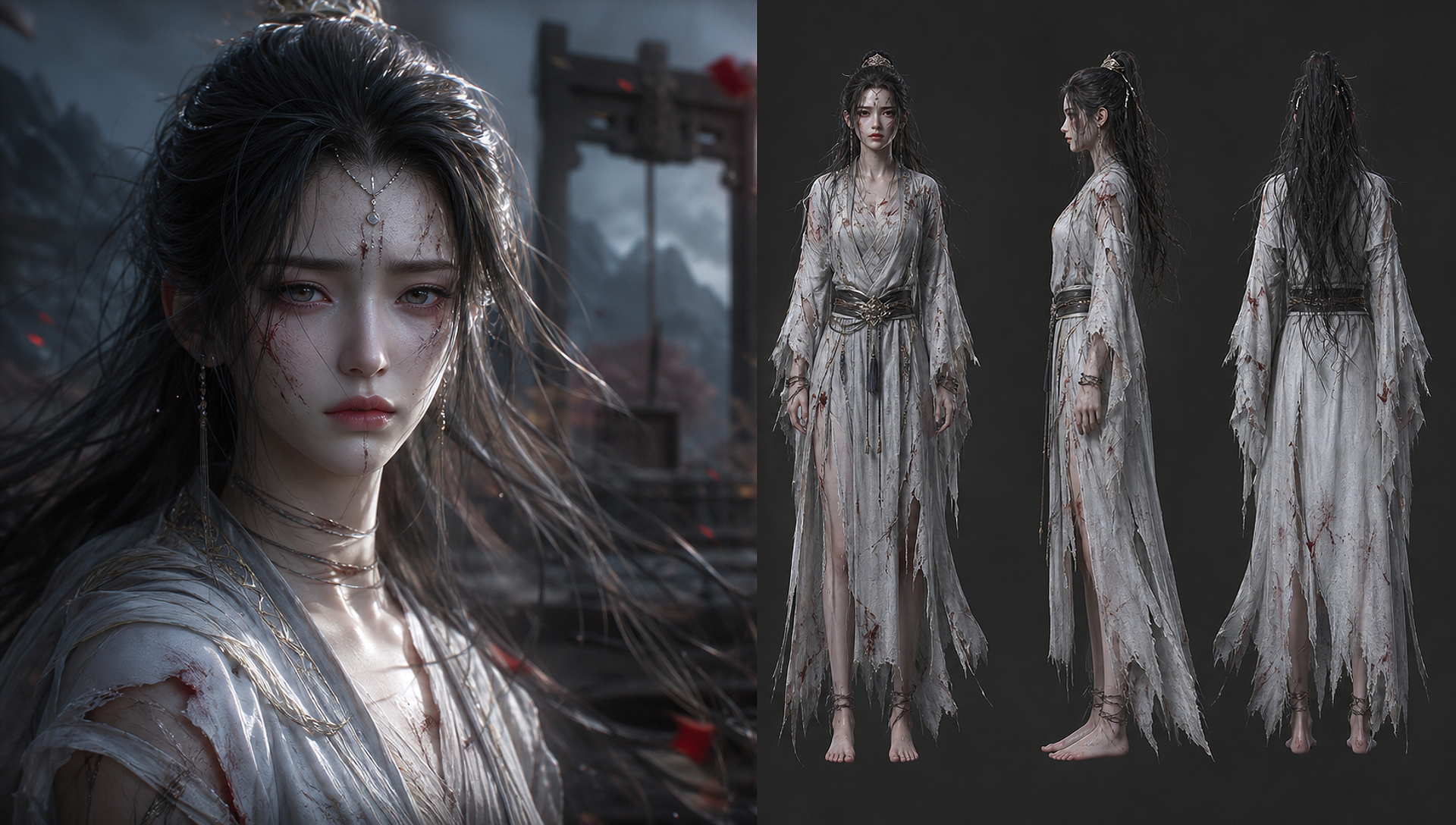 游戏CG画风，奇幻修仙题材，年轻女修，身形瘦弱，…