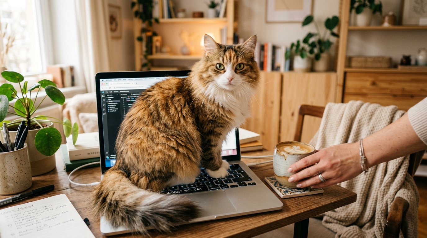 Cat sitting on laptop enforcing household rules