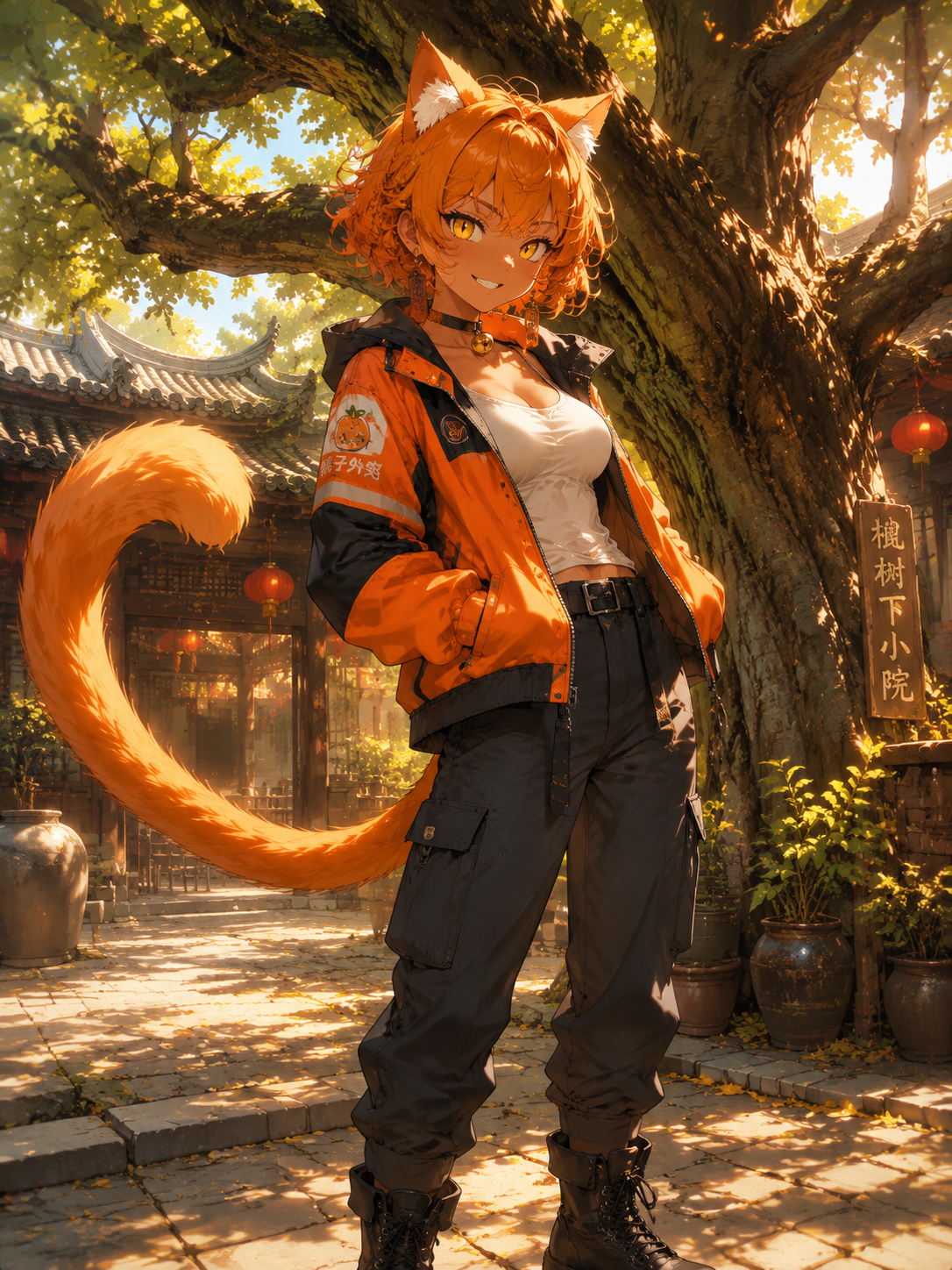 猫娘，视觉锚点**：橘色短卷发、猫耳与蓬松大尾巴…