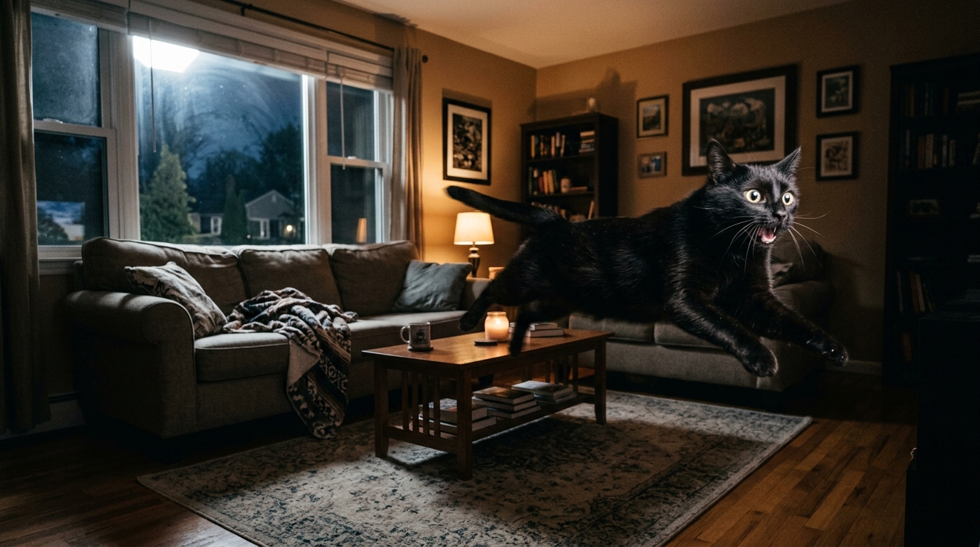 Cat experiencing midnight zoomies leaping through living room