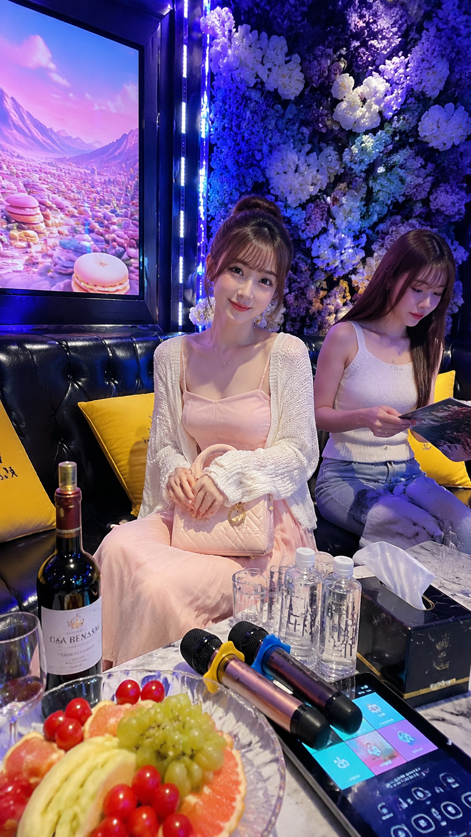 写实 KTV 包厢室内人像实拍，两位年轻东亚女生…