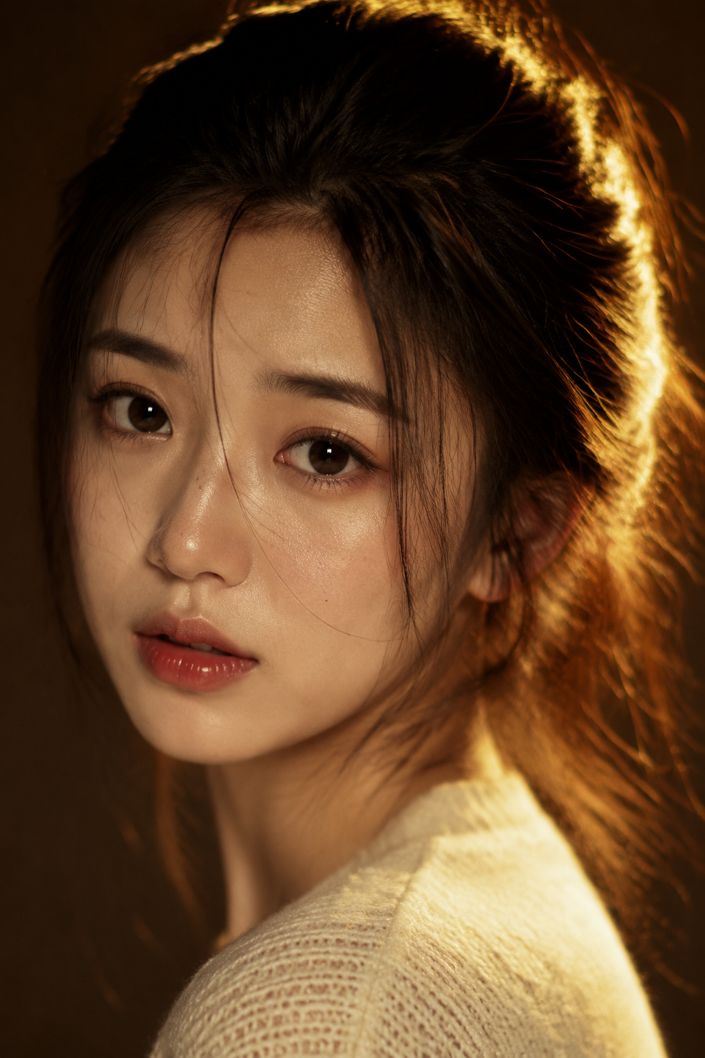 电影级人像，18岁东方少女的极致面部特写。温婉深…