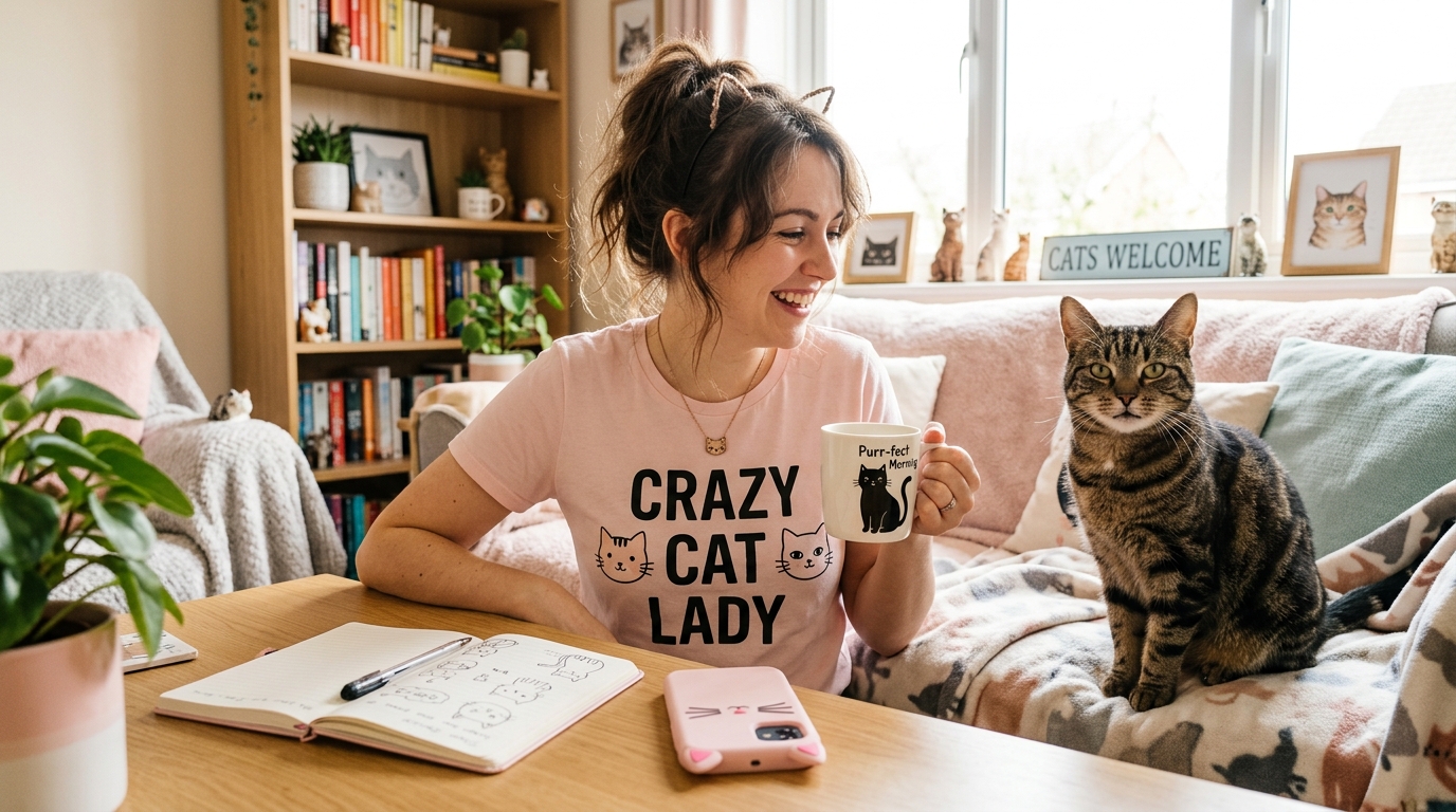 Cat obsessed person surrounded by cat-themed items
