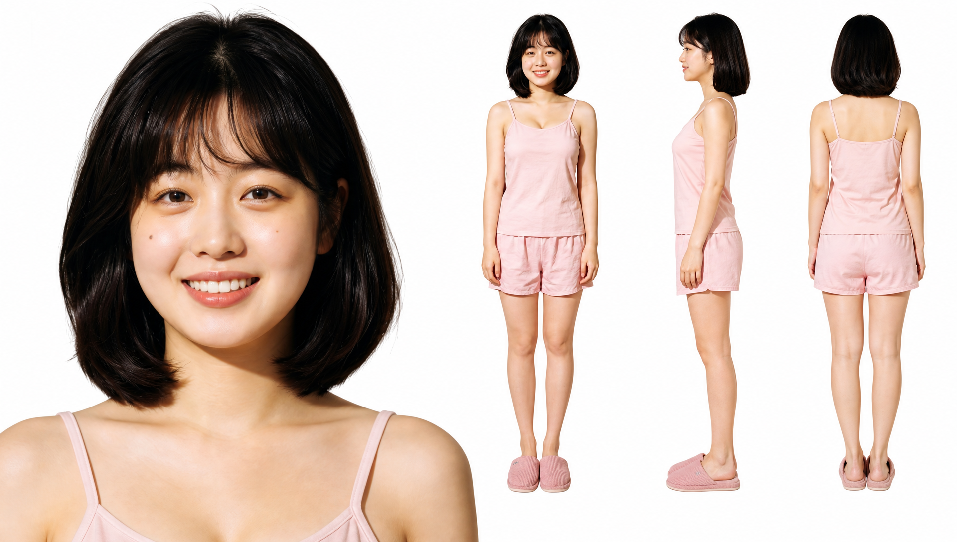 [图1] 角色四视图，左栏60%近景正面特写。右…
