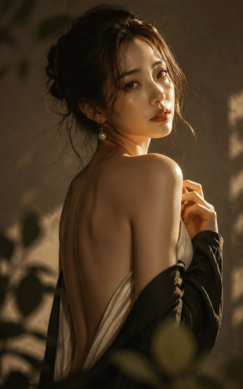 为一位具有戏剧性过肩姿势的女性创作一幅喜怒无常、…