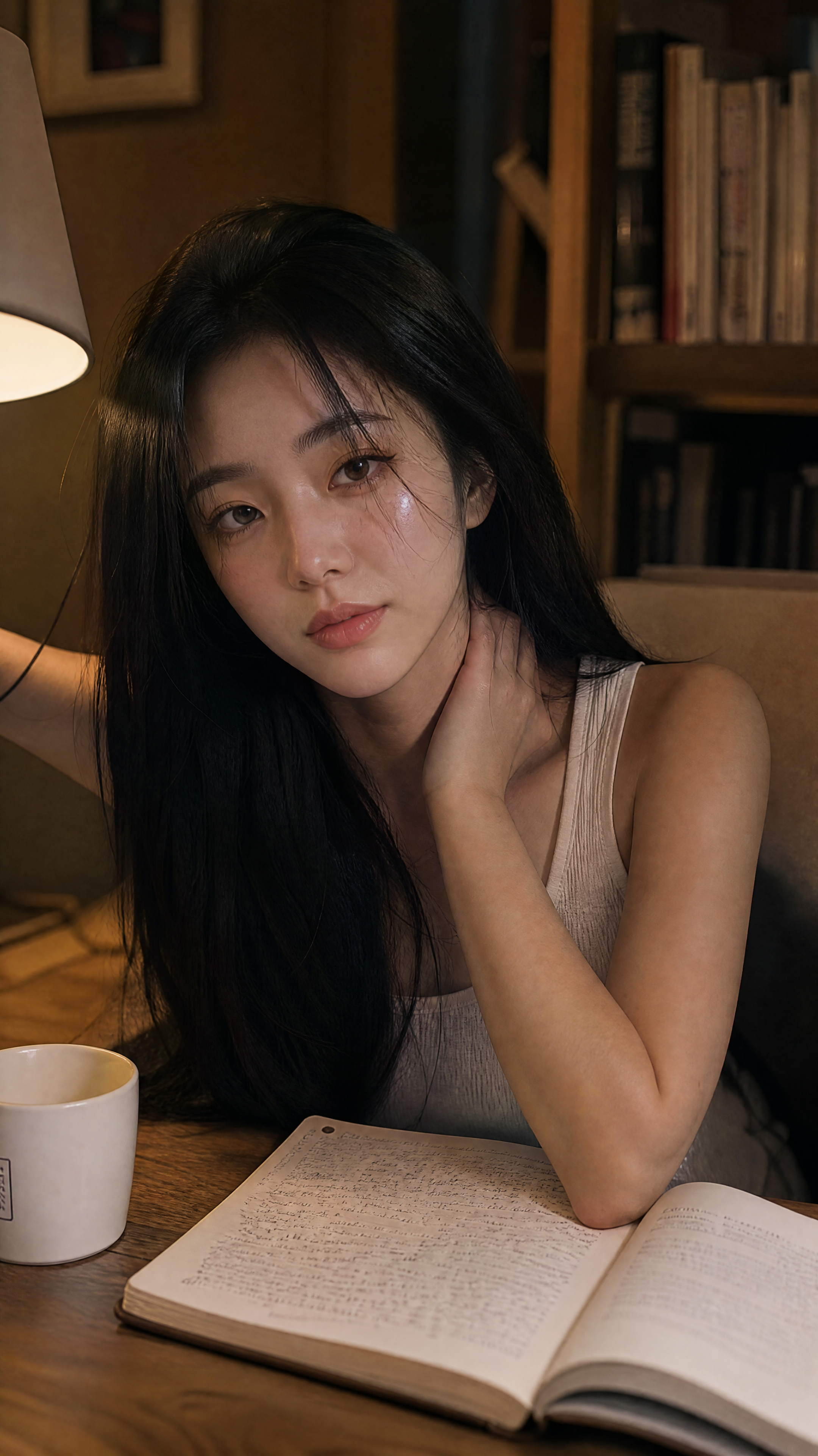 一张深夜书房中坐在木桌前的年轻美丽女性的抓拍肖像…