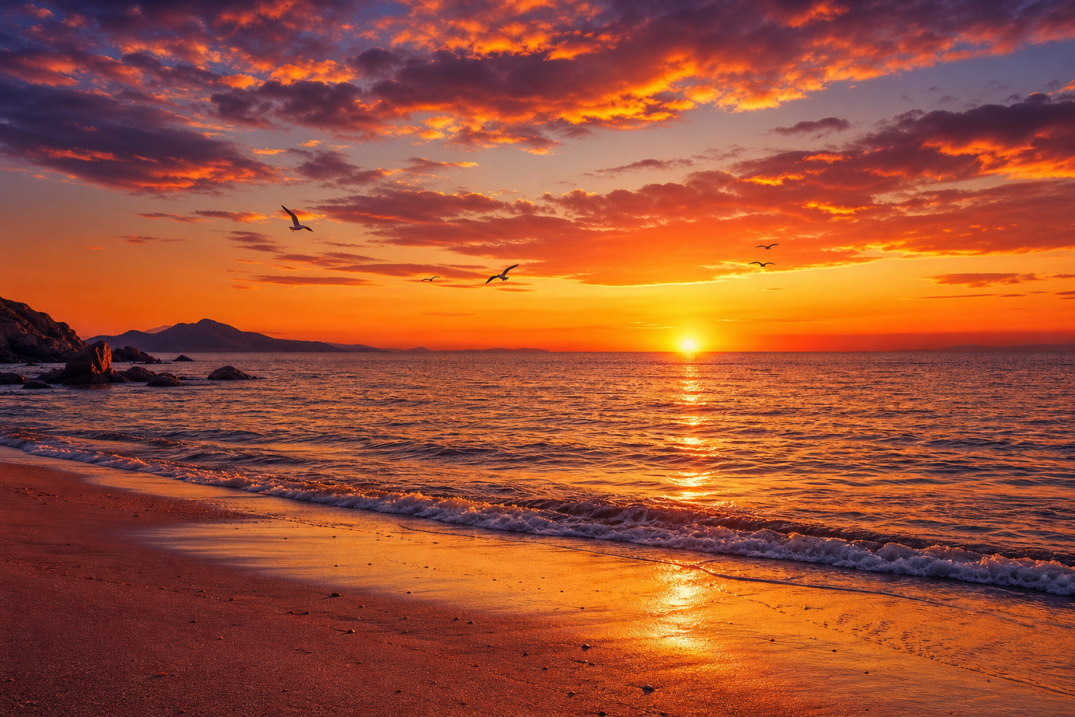 日落时分的海边风景，金色的夕阳低垂在海平面上，天…