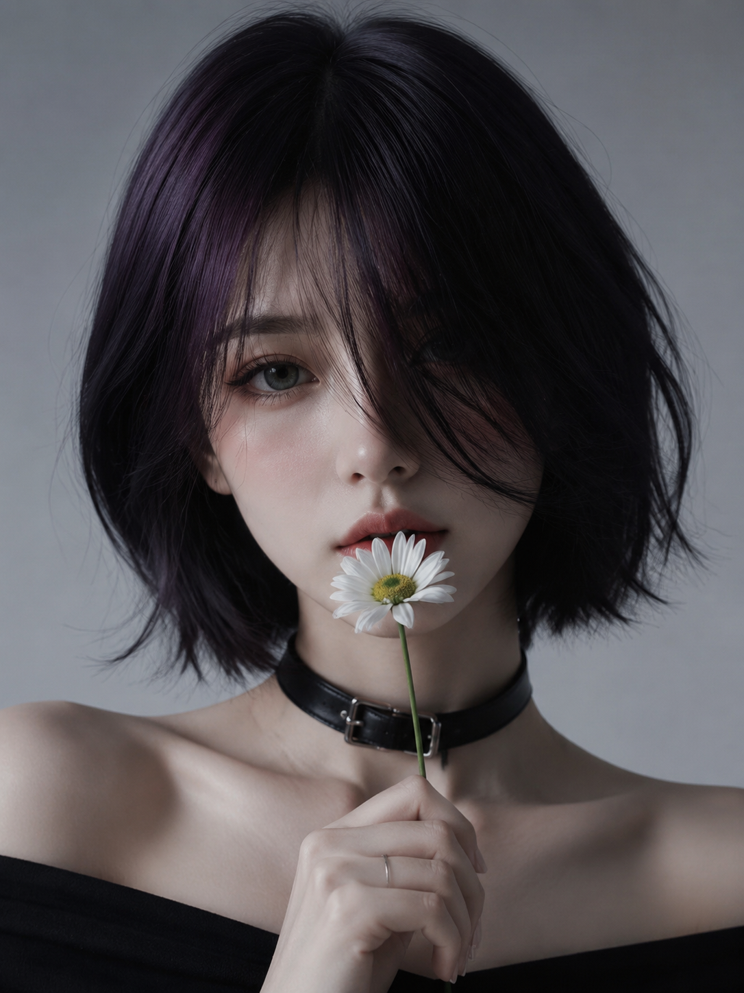 一个柔和极简风格的年轻女性肖像，留着柔滑的深紫黑…