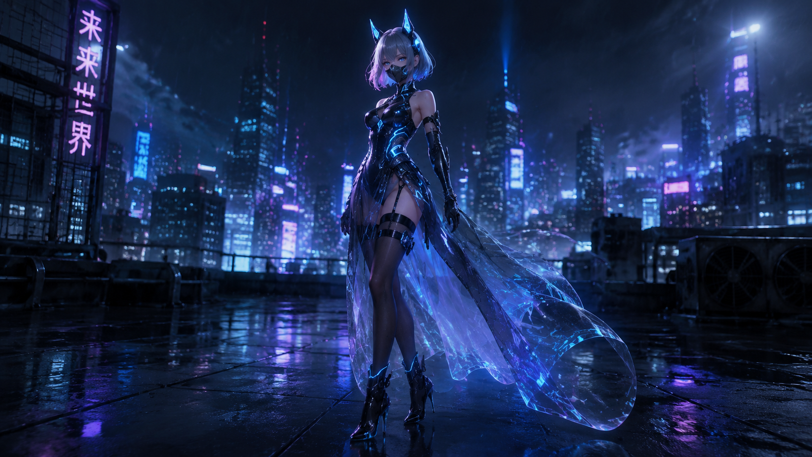 超写实 3D 渲染，赛博朋克机械少女，精致短发灰…