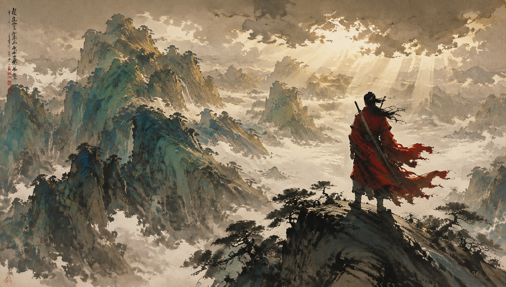 CG国漫水墨风，雾山之巅全景，宋代山水画质感，泼…