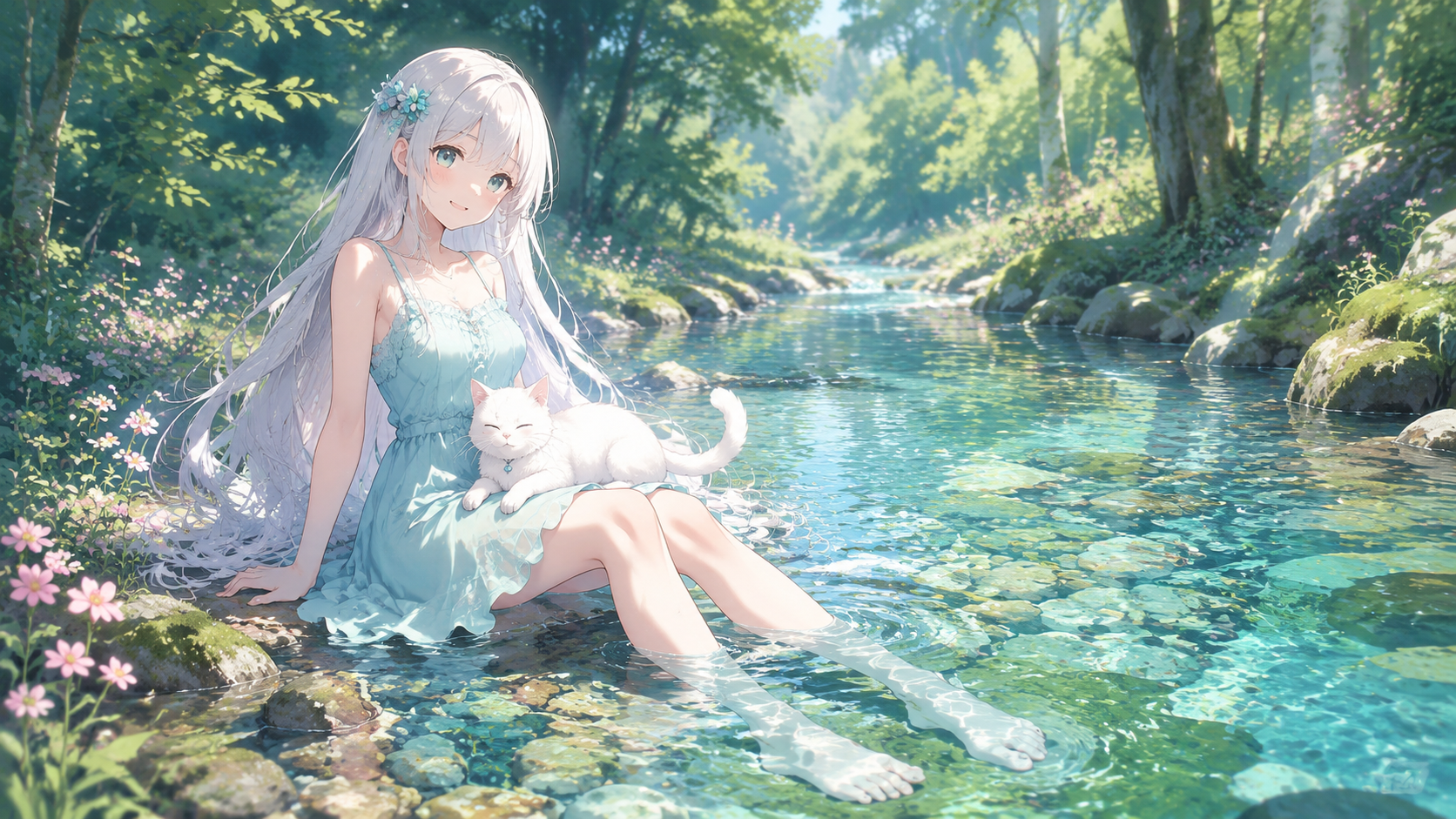 精美动漫风格女孩，高品质二次元插画，坐在夏日森林…