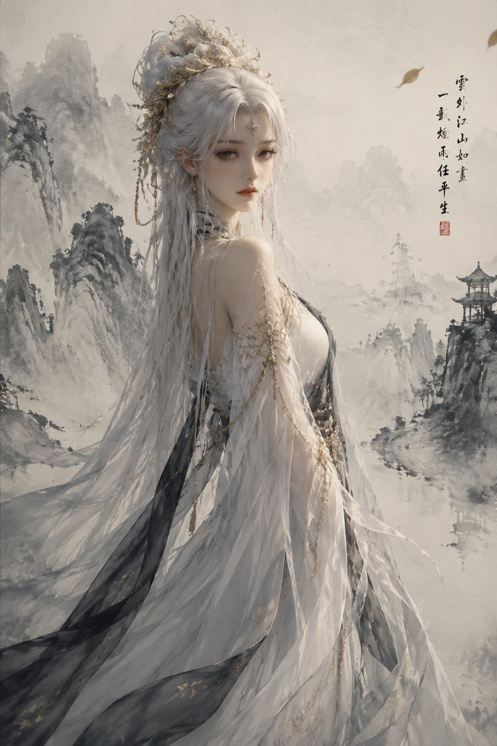 3D古风白发神女侧身回眸，容貌特征参考图。身着素…