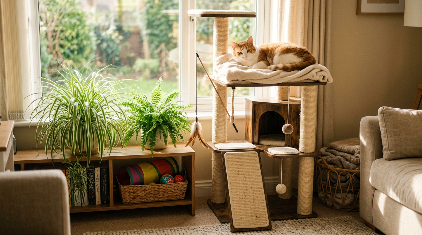 Happy cat in enriched indoor environment with cat tree and window perch