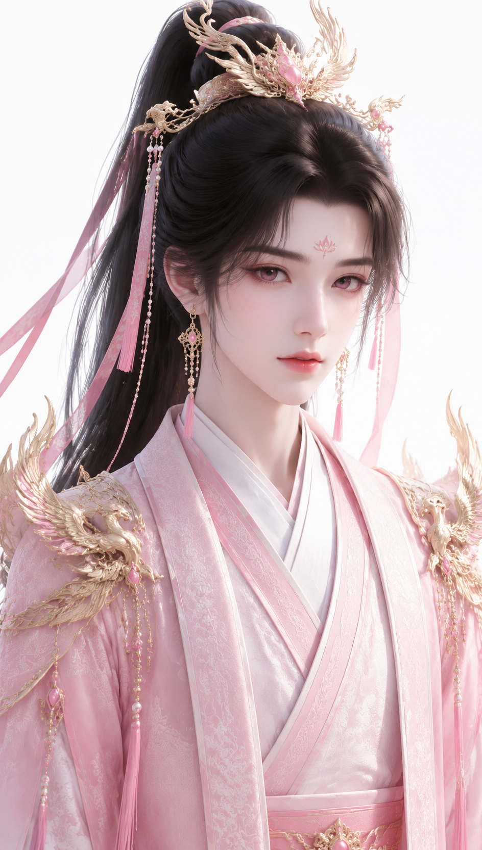 竖版 9:16 半身肖像，古风粉衣贵气美少年，瓷…