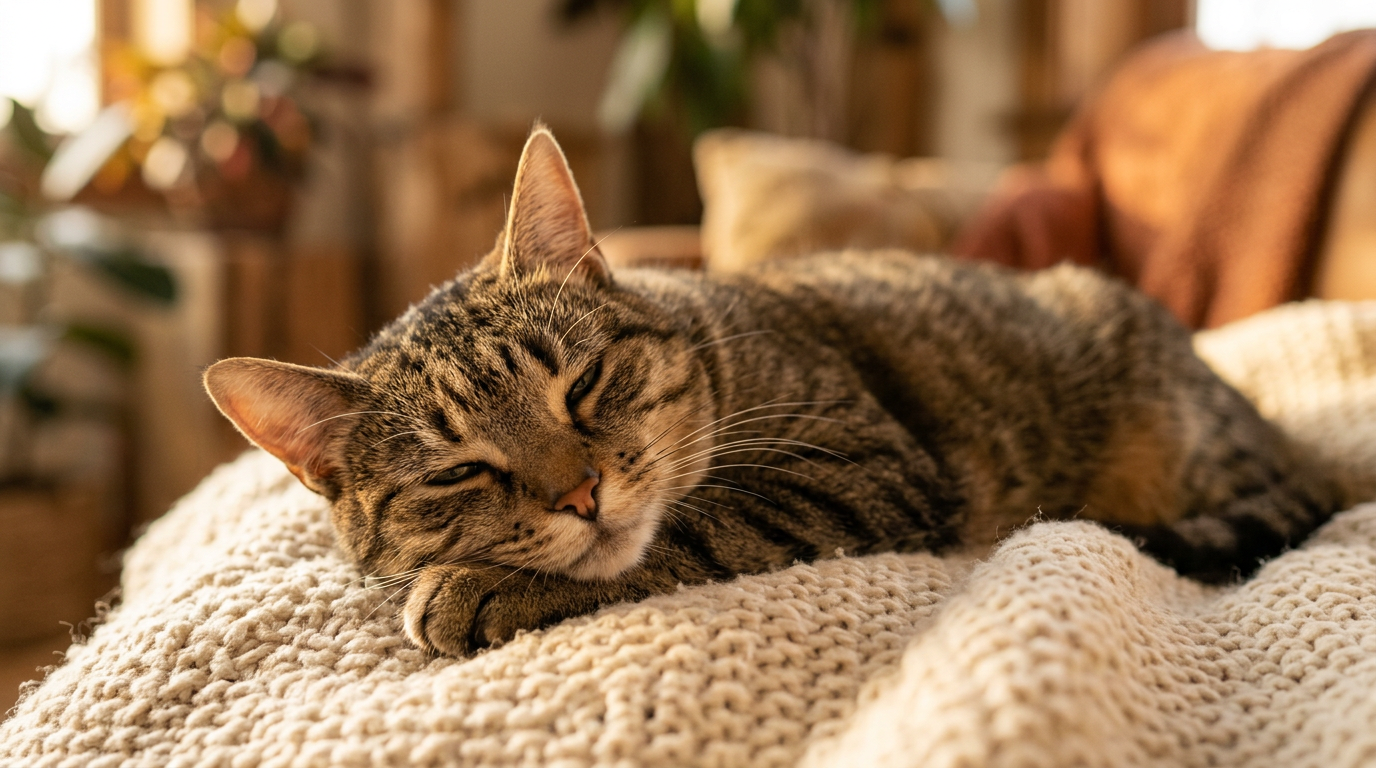 Cat purring contentedly in warm golden light