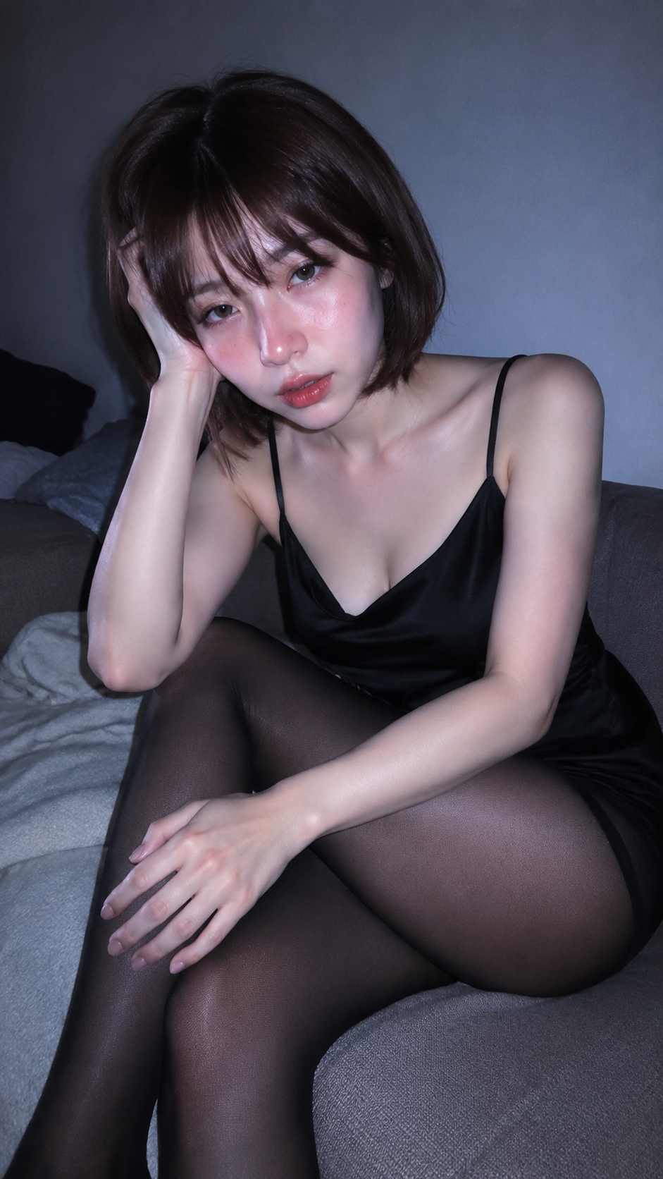 一张超写实的室内 CCD 随手拍人像照片，竖版 …