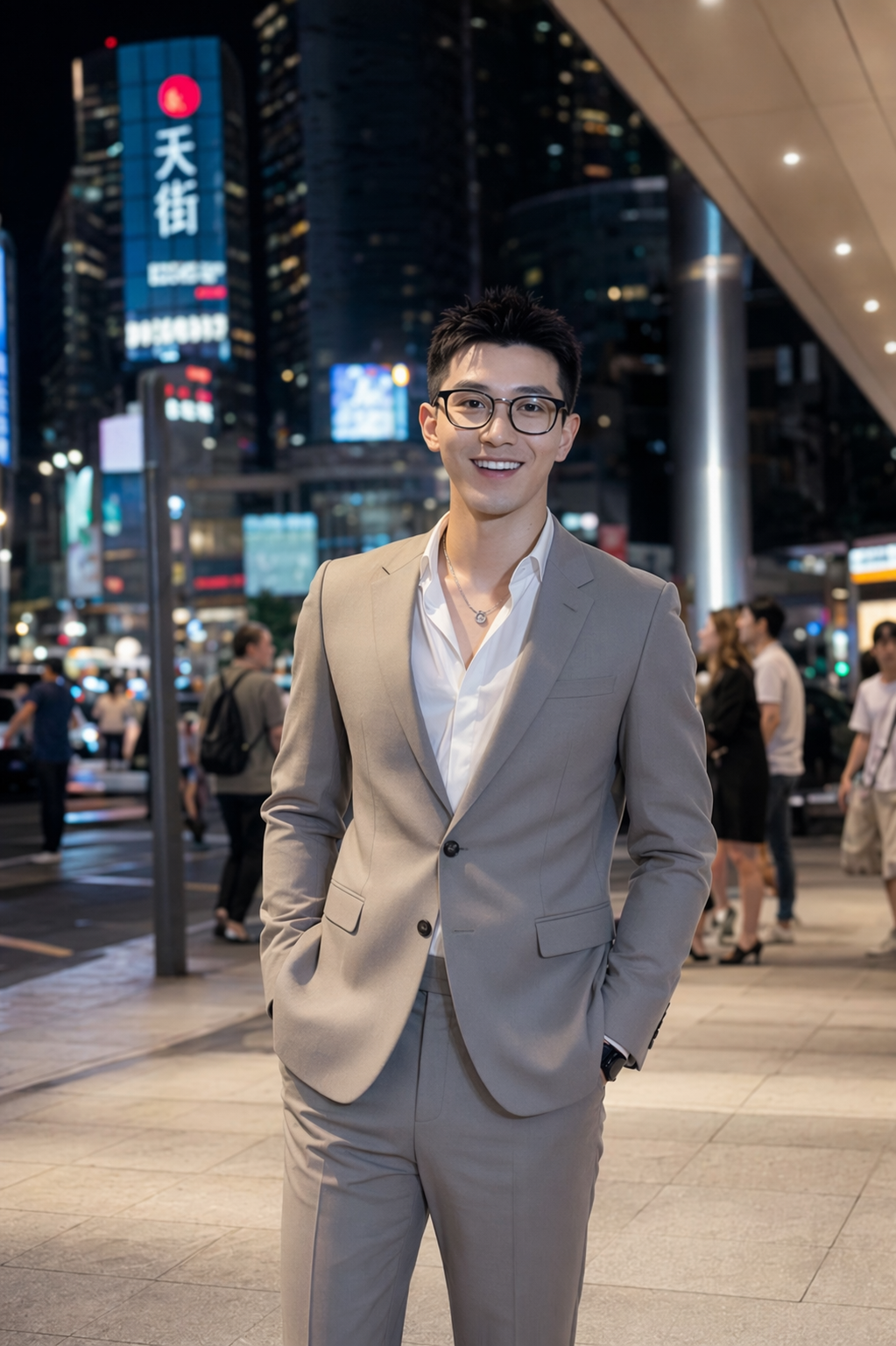 场景:夜景商场门口,背景有来往路人、马路与楼房,…