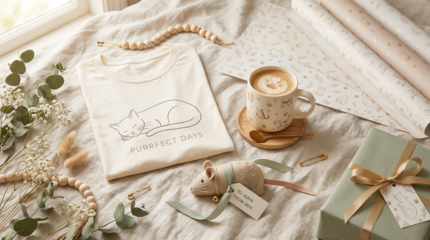 Cat lover gift guide flat lay with cat-themed presents