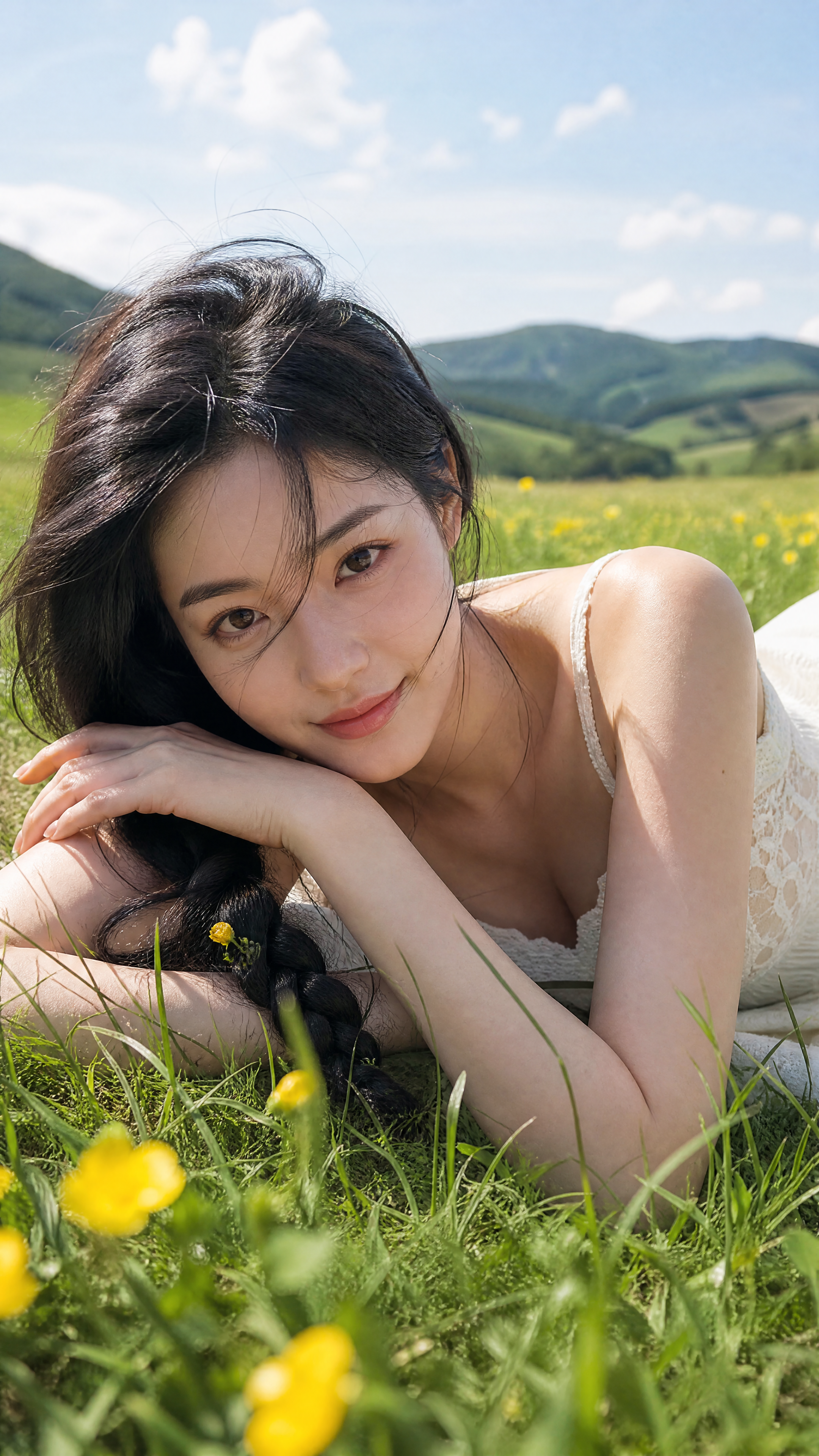 生成一张9：16垂直的真实感夏季草地肖像，描绘一…