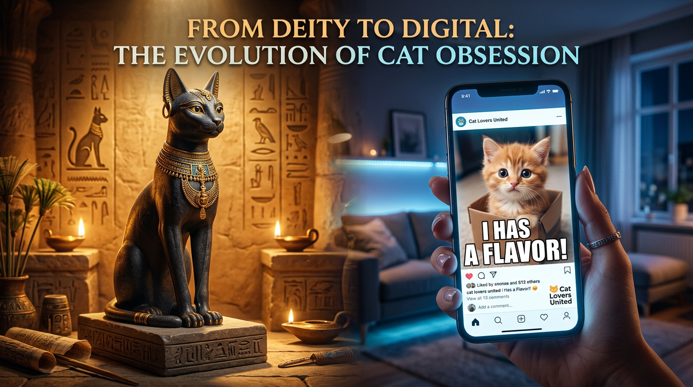 Ancient Egyptian cat statue next to modern cat meme on phone
