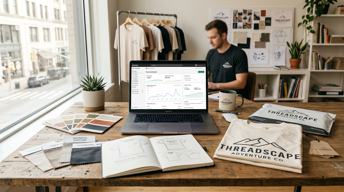 T-shirt brand startup workspace with designs and samples