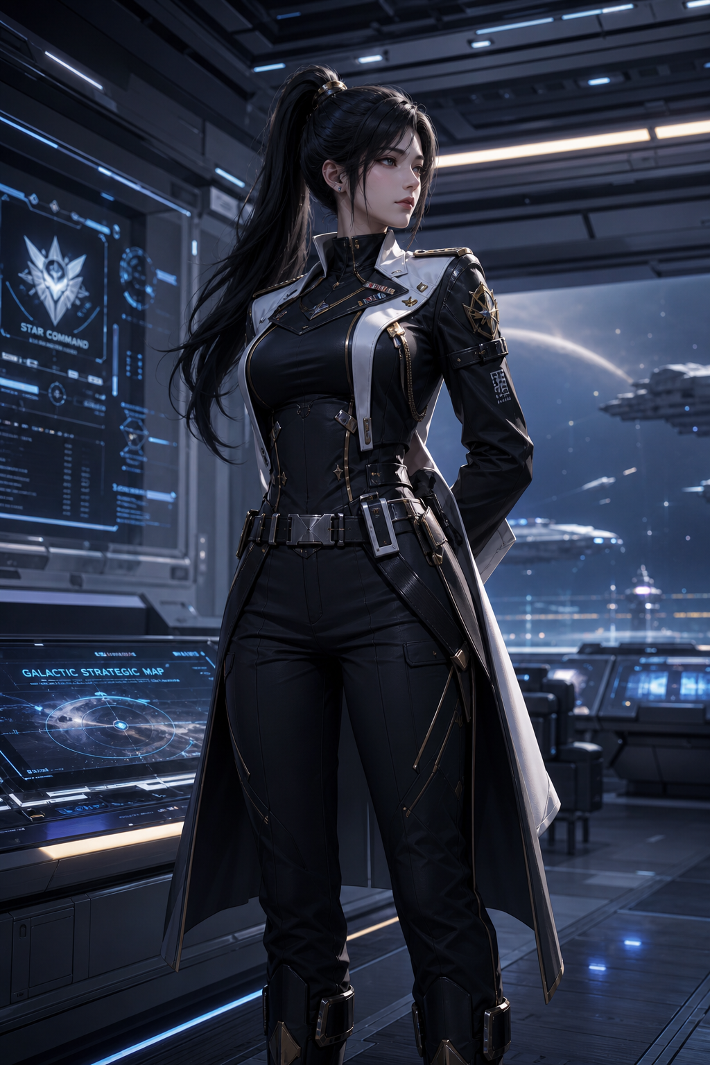 生成一张3d动漫女生形象，黑色高马尾，穿着未来星…