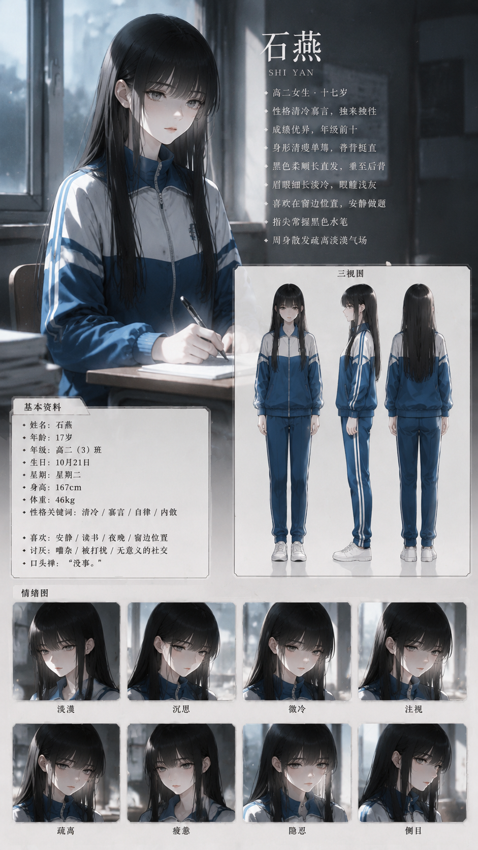 清冷寡言高二少女石燕，身形清瘦单薄，肩线紧绷内敛…