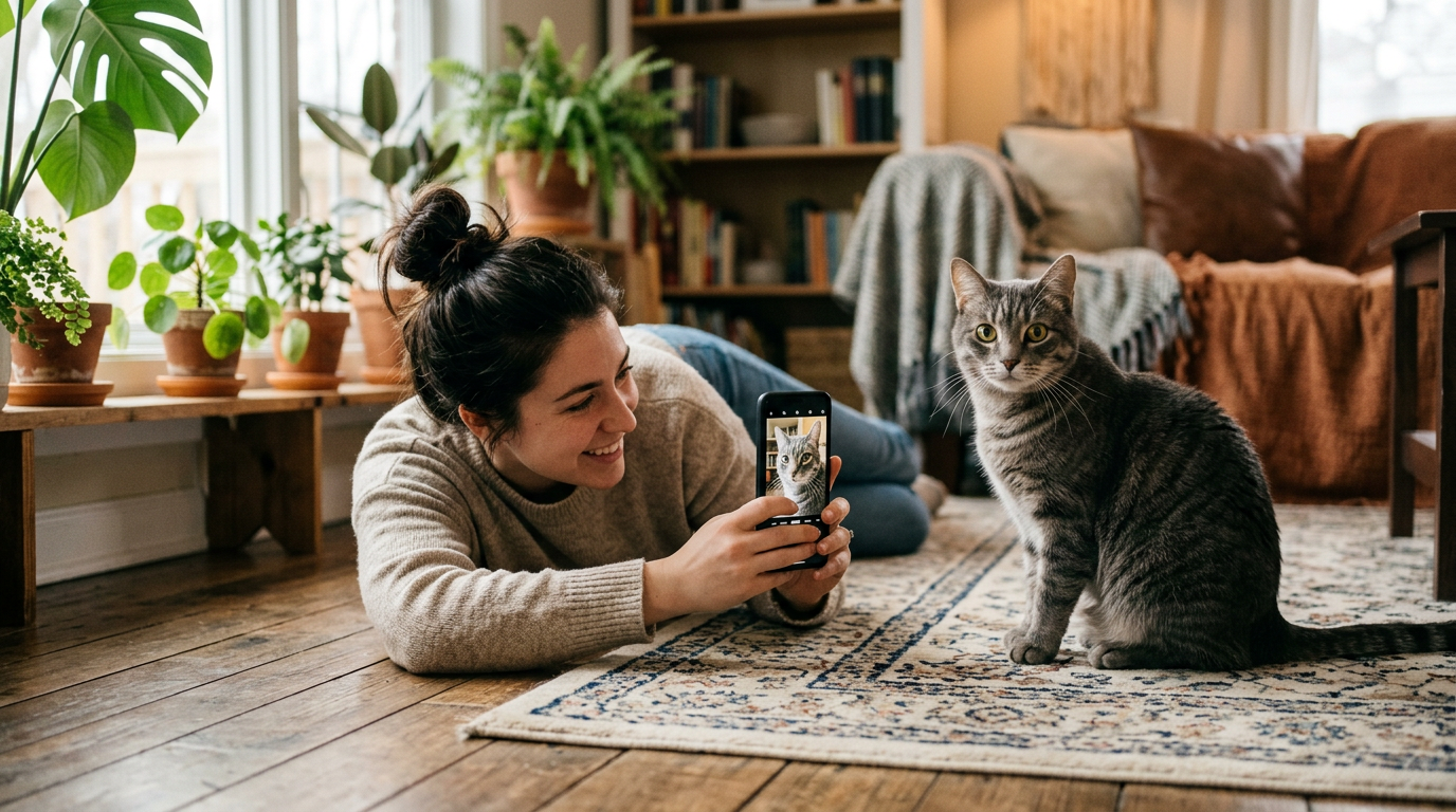 Phone photographing a cat in beautiful natural light