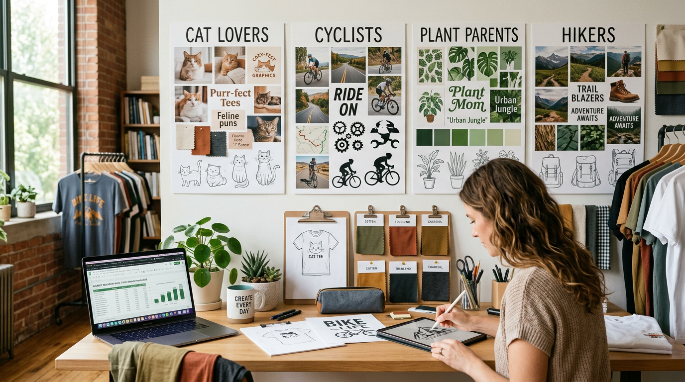 Fashion niche research with trend boards and t-shirt samples