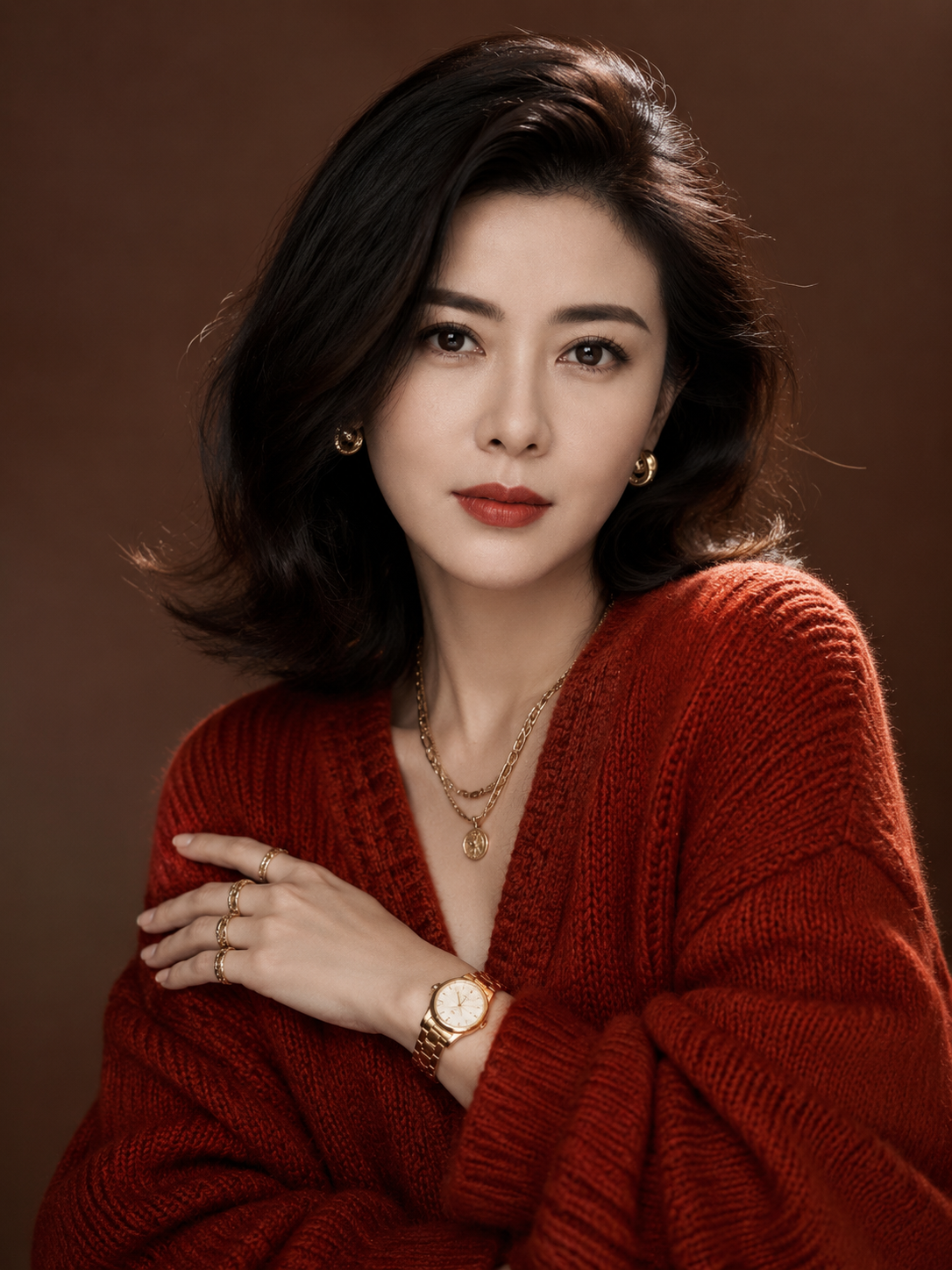 【【内容概括】：东亚年轻女性时尚人像，砖红色针织…