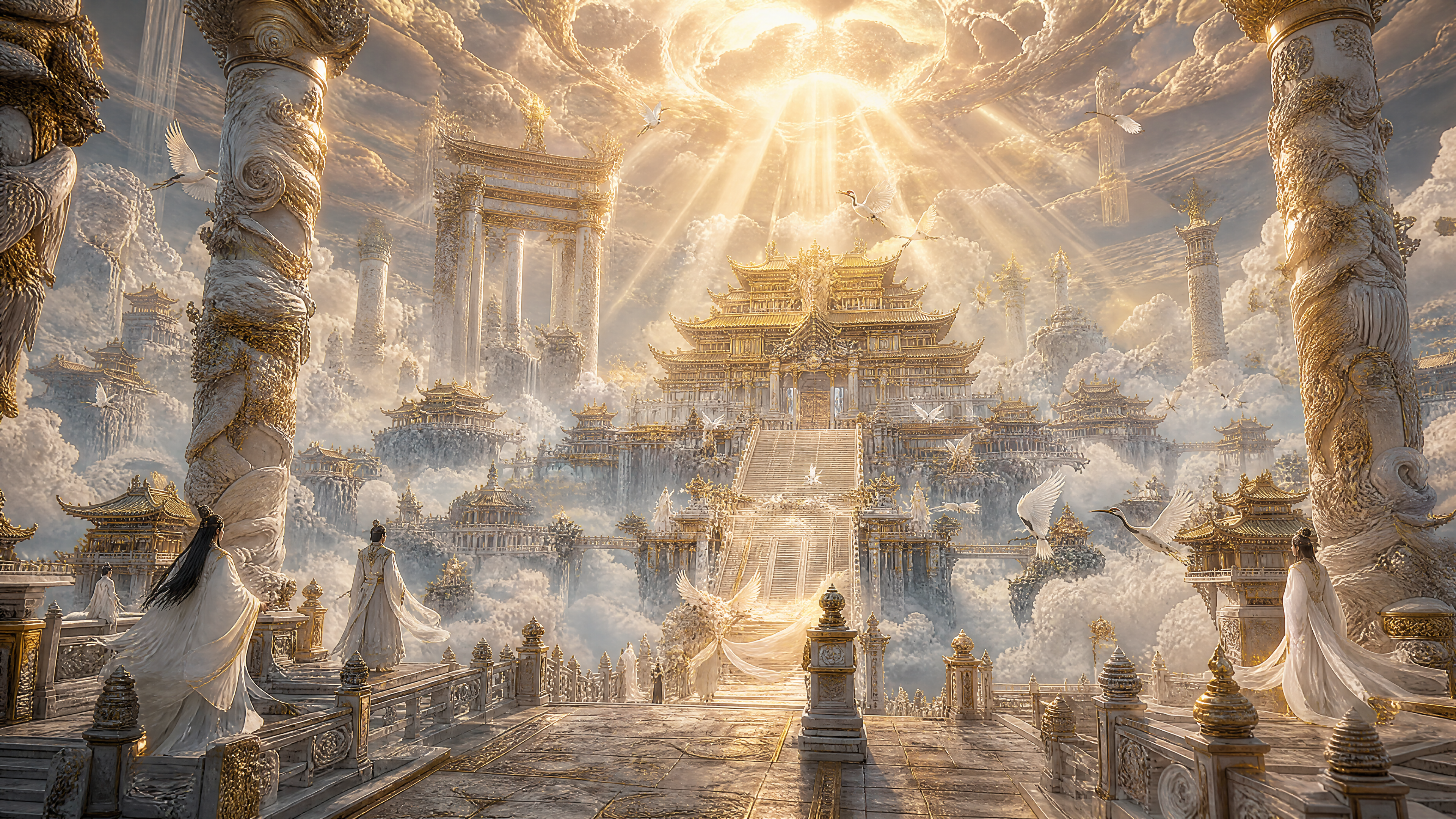 中国神话天宫场景，九天云海之上的东方仙界，宏伟壮…