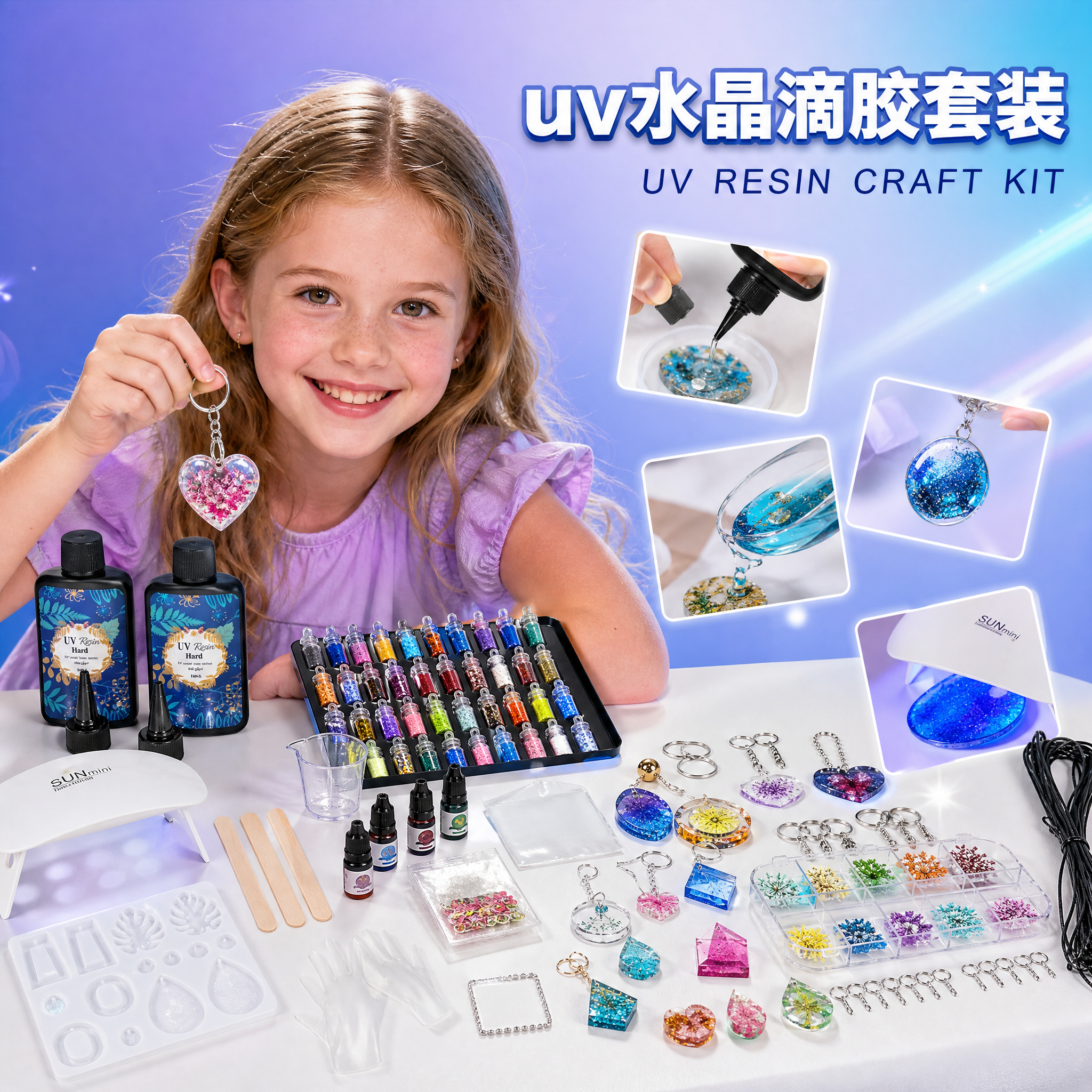 帮我用图中的产品以及配件生成一个场景，欧美小女孩…