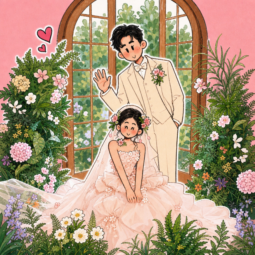 参考图1人物画风来生成一张图2的婚礼插画