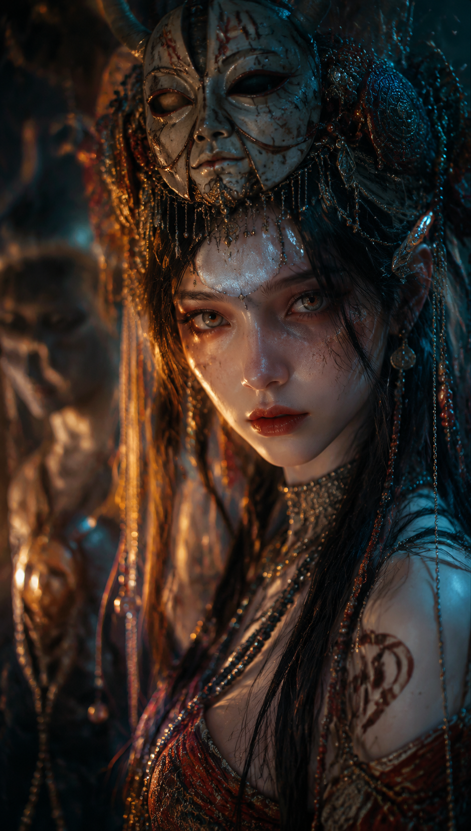 插画风格特效，，古风，萨满女，面具，华丽，舞动，…