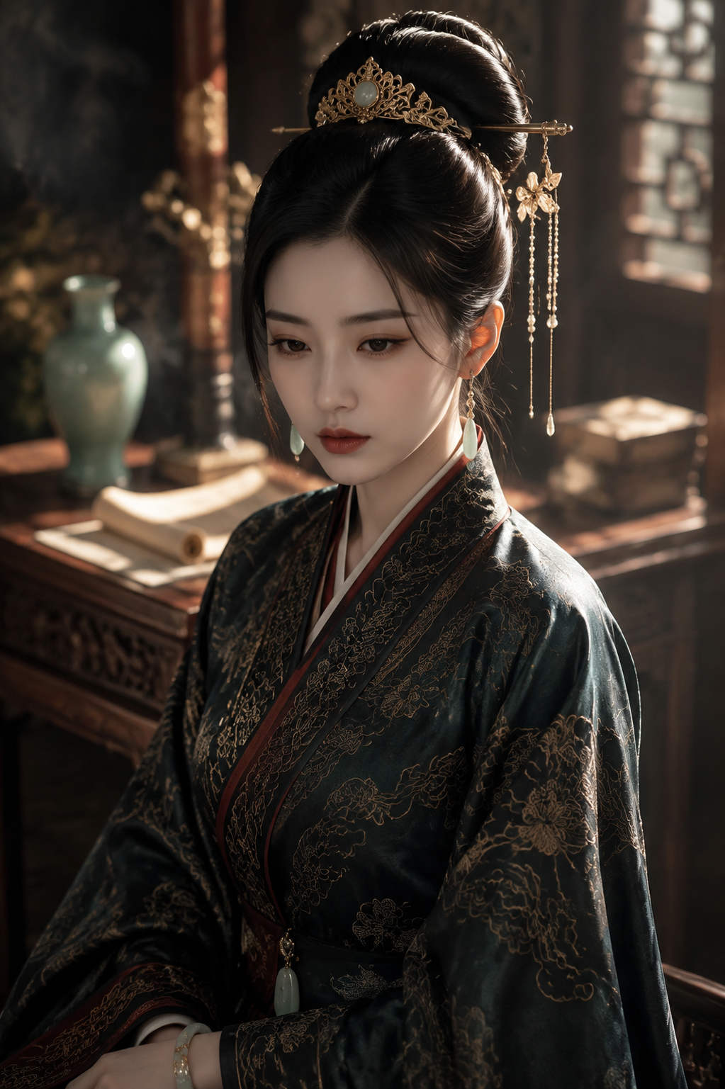 参考图人物面部特征，生成世家掌权女哀表情，23岁…