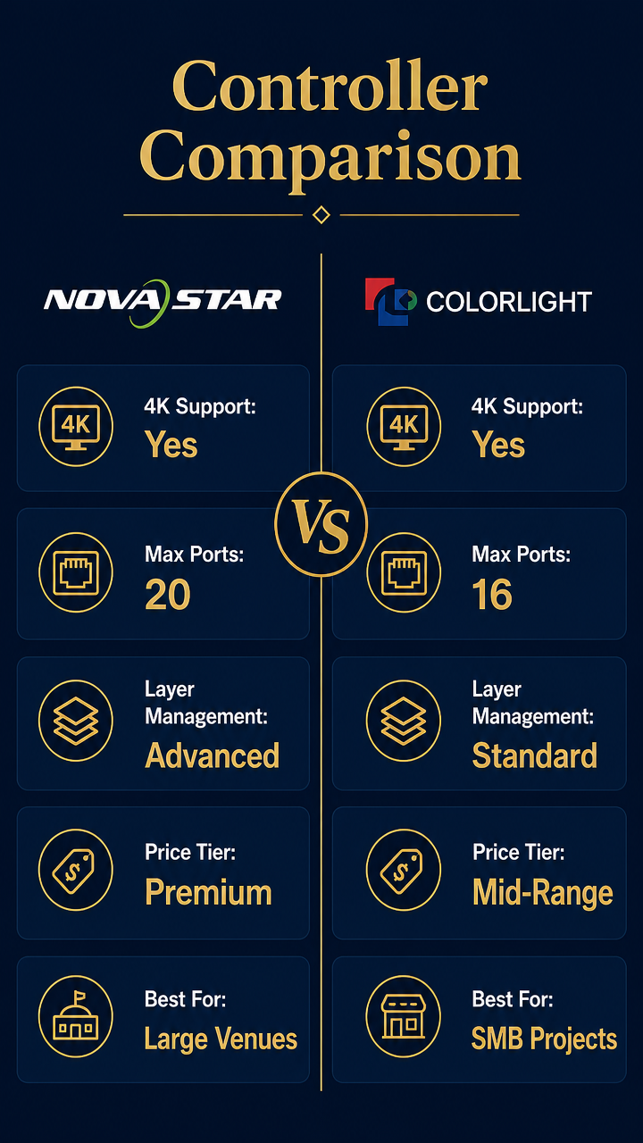 Novastar vs Colorlight LED controller head-to-head comparison infographic