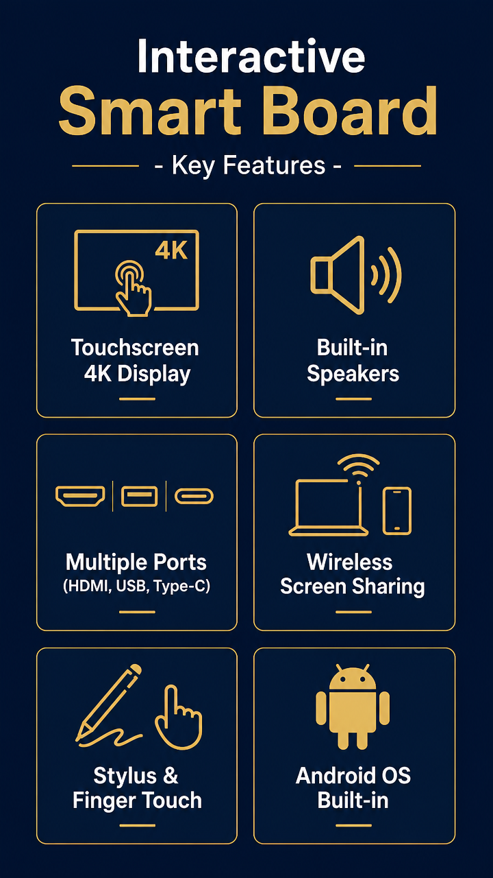 Smart board core components and key features infographic