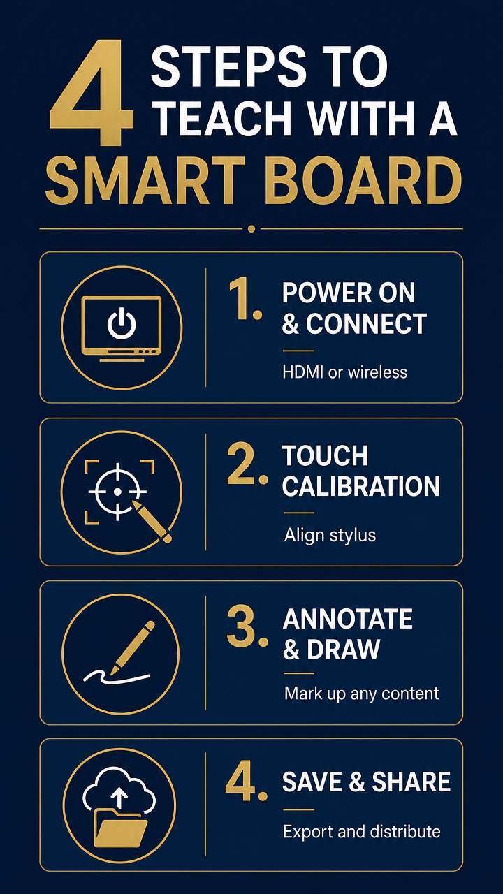 Smart board teaching setup steps infographic