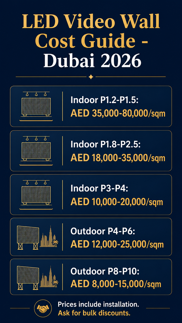 LED video wall cost breakdown Dubai infographic - pixel pitch pricing